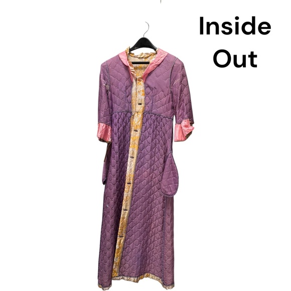 Vintage 1960s Quilted Hostess Gown Pink Sash Lounge Robe Psychedelic Print - Picture 14 of 16
